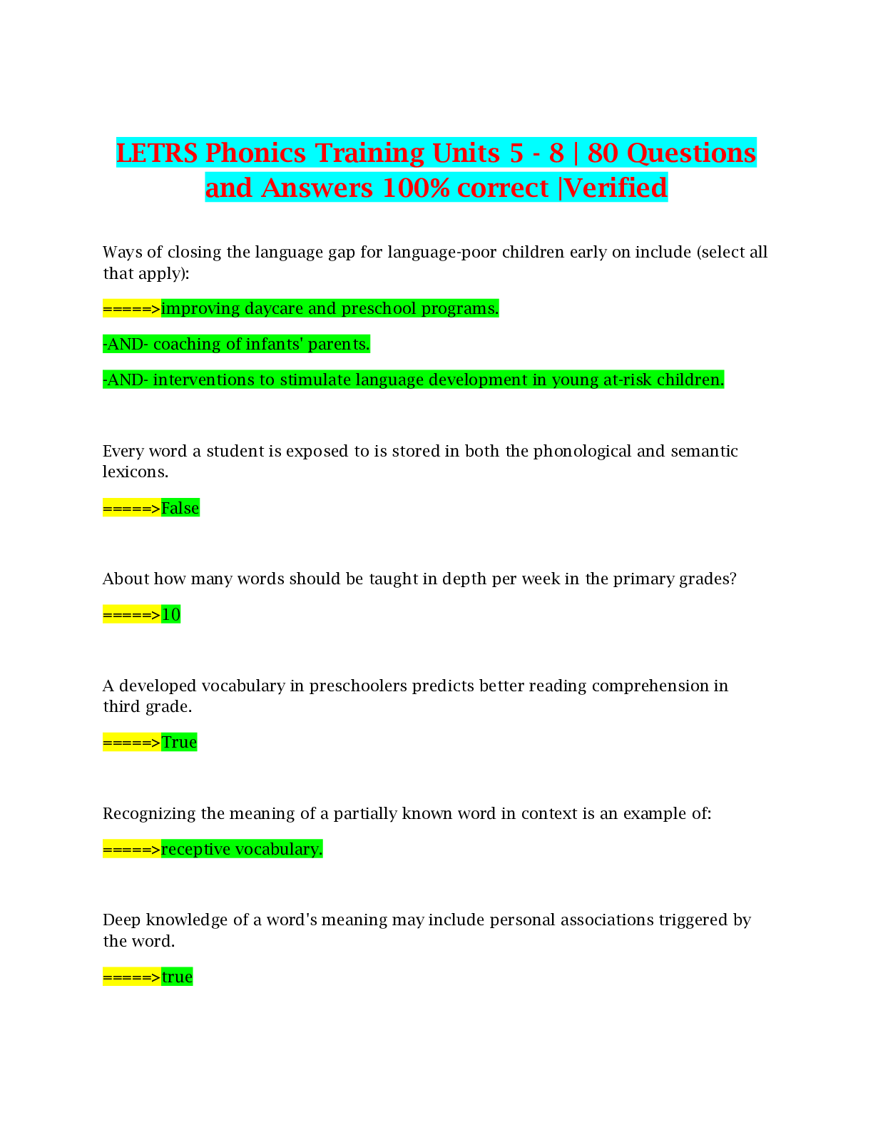 Preview image of LETRS Phonics Training Units 5 - 8 | 80 Questions and Answers 100% correct |Verified document